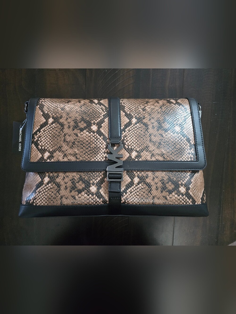 P30 Michael Kors Black-Trim Tan Snake-Print Leather Crossbody